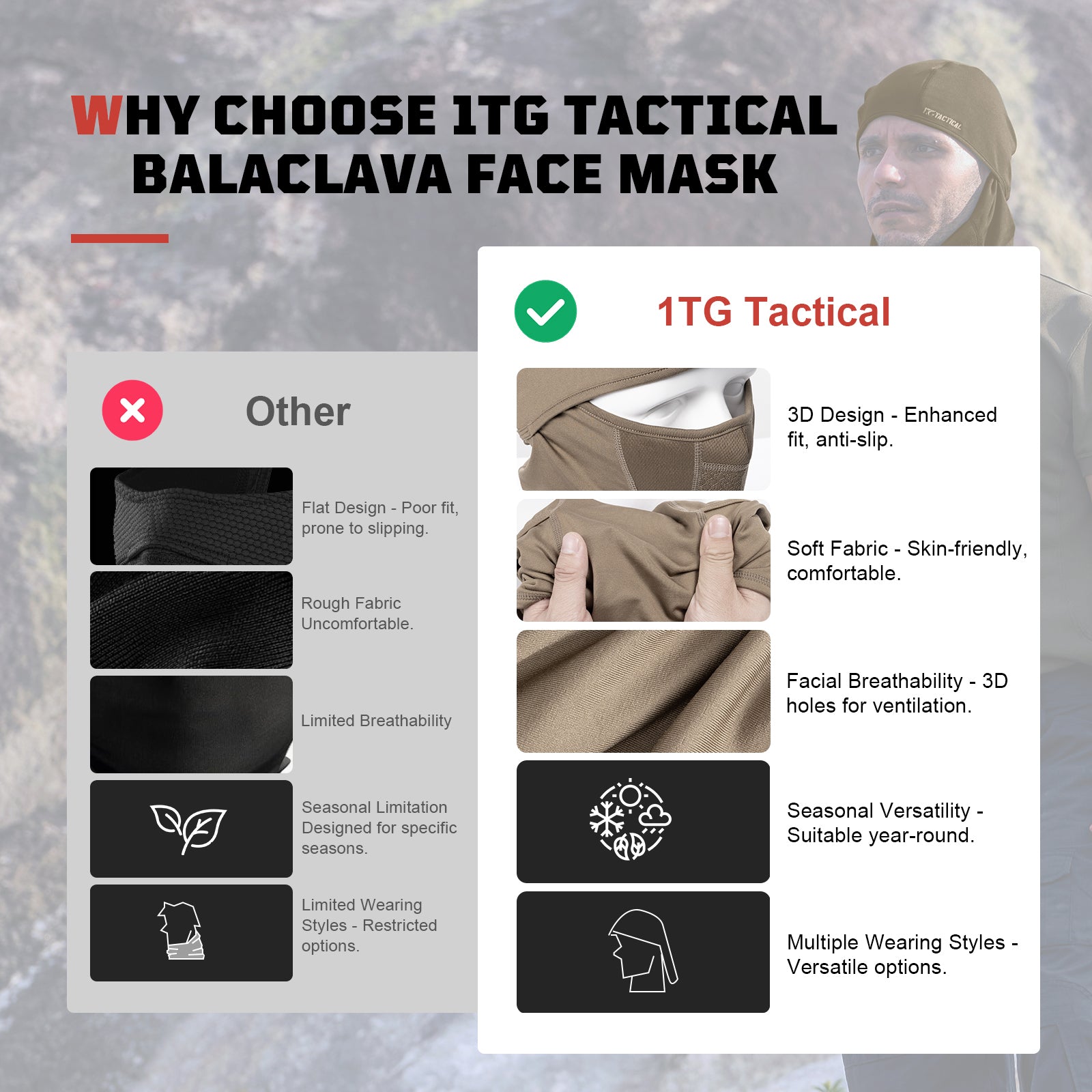 1TG Tactical Airsoft Mask - Balaclava Ski Mask Windproof Full Face Cover